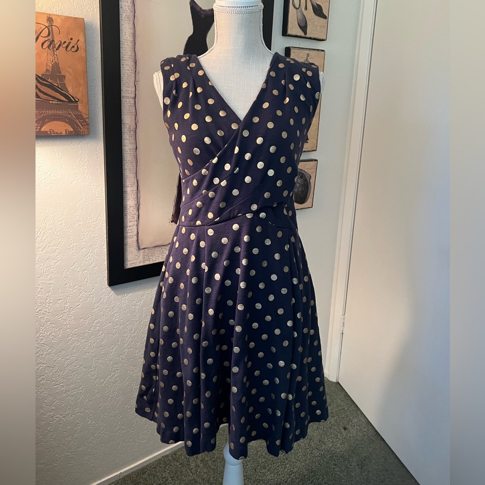 Maeve Blue and gold polka dot Sleeveless Midi Dress